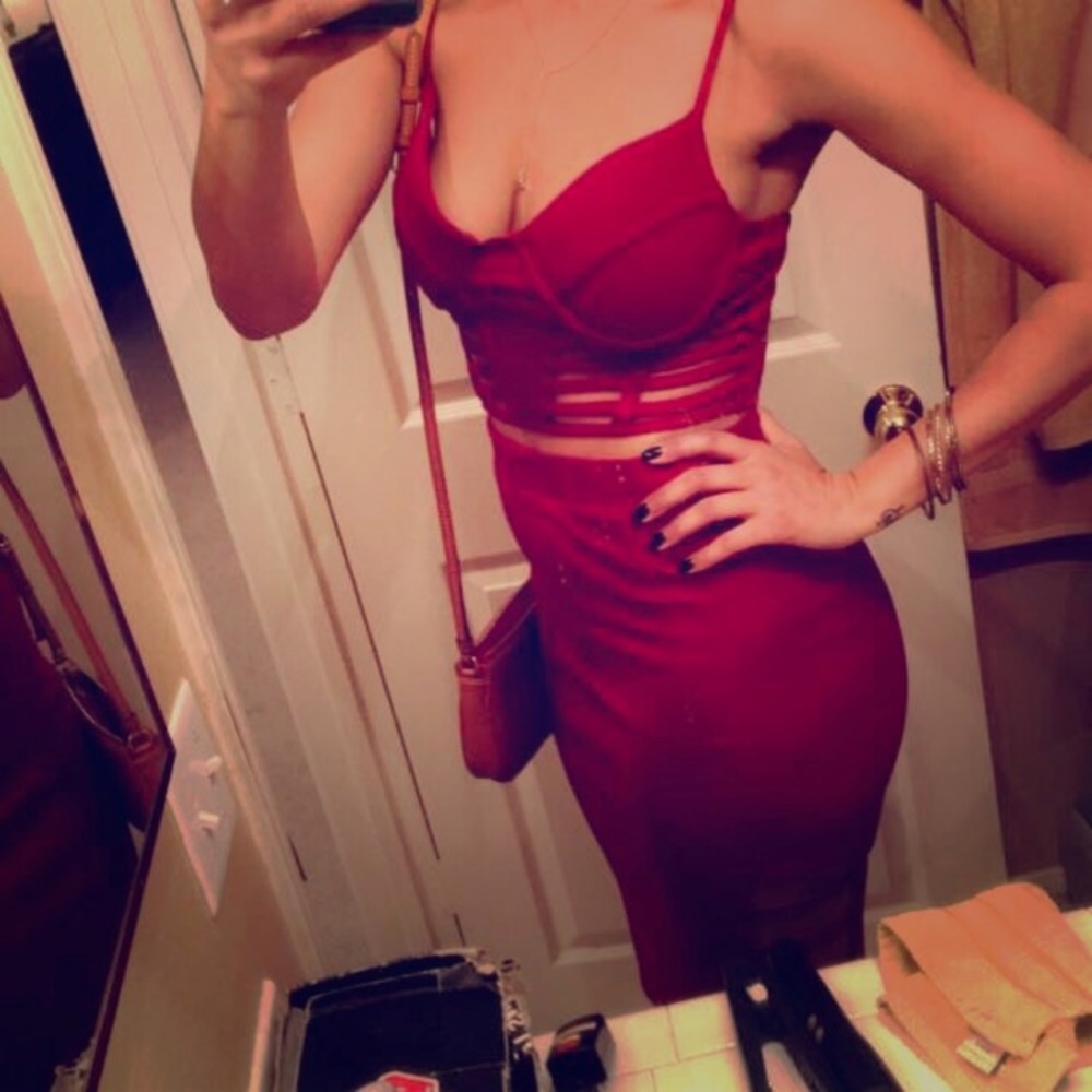 Wine Colored Caged Crop Top & Caged Pencil Skirt